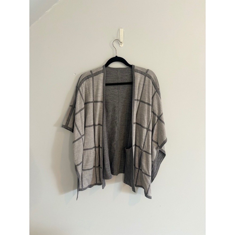 Athleta Windowpane Poncho‎ Wrap Open Front Pockets Wool Blend Gray